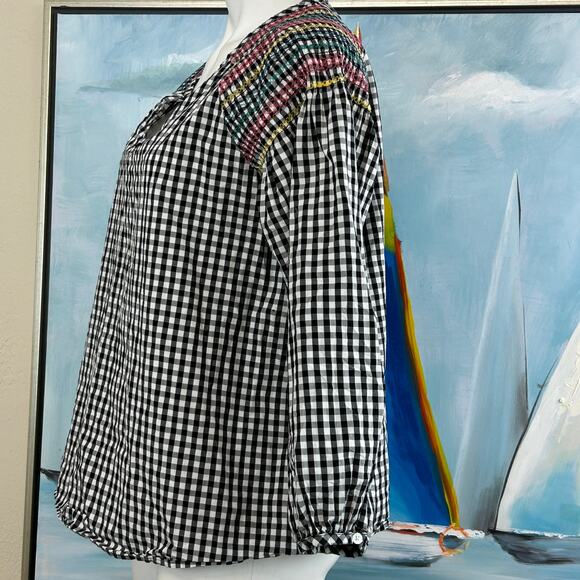 Madewell Top Embroidered Gingham Plaid Peasant Size M - Picture 3 of 7